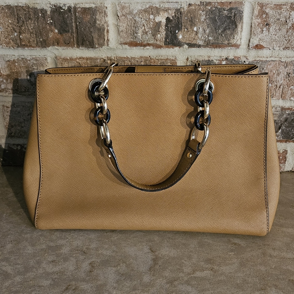 Michael Kors Cynthia Tan Camel Brown Saffiano Leather Purse Top Handle Satchel